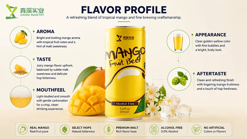 Flavor profile of 250ml mango non-alcoholic beer showing aroma taste mouthfeel appearance and finish
