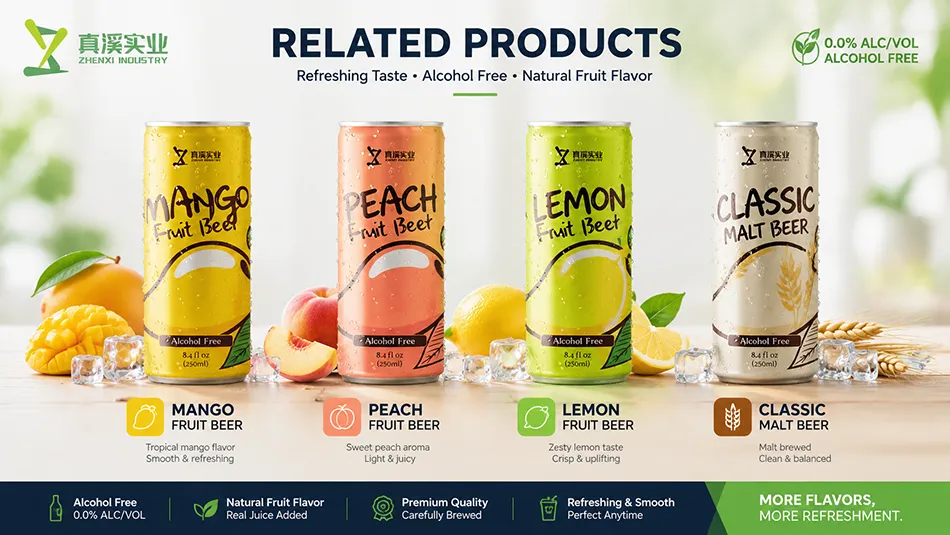 ZhenXi alcohol-free beer product range including mango peach lemon and classic non-alcoholic beer