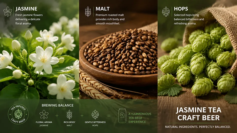Selected jasmine, malt and hops used in jasmine craft tea beer brewing process