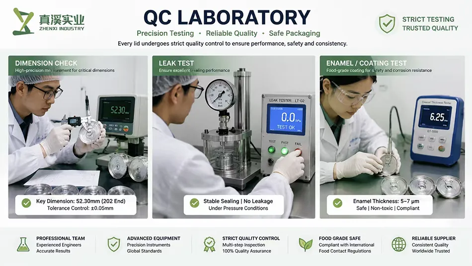 Quality inspection of 202 SOT aluminum can ends including dimensional measurement leak testing and enamel testing