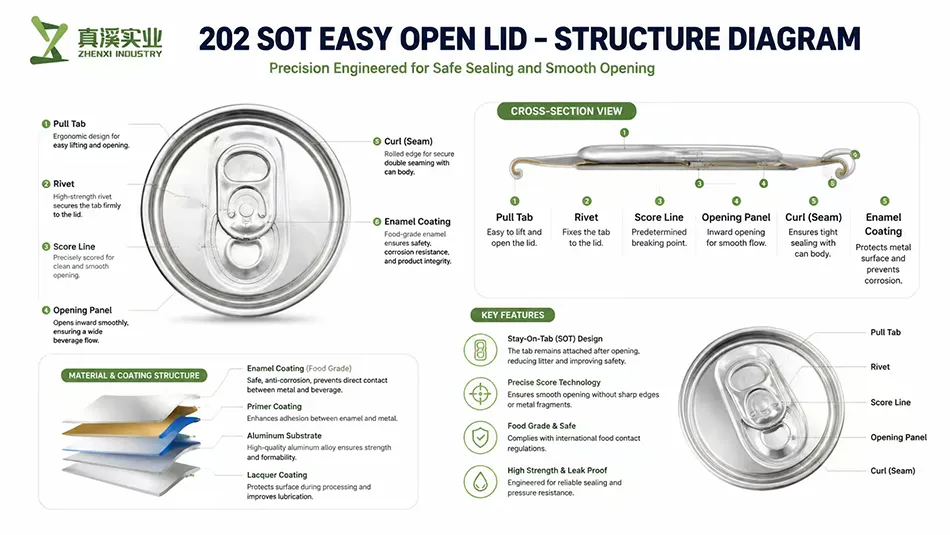 Cross section of a 202 SOT aluminum can end showing pull tab score line rivet curl and food grade enamel coating