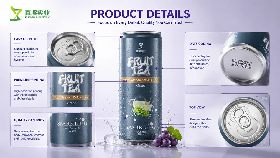 Detailed view of 320ml grape oolong fruit tea can printing and easy open lid