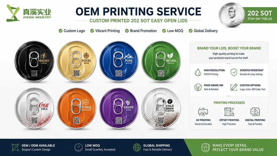 Custom printed 202 SOT aluminum can ends with logos QR codes and brand artwork
