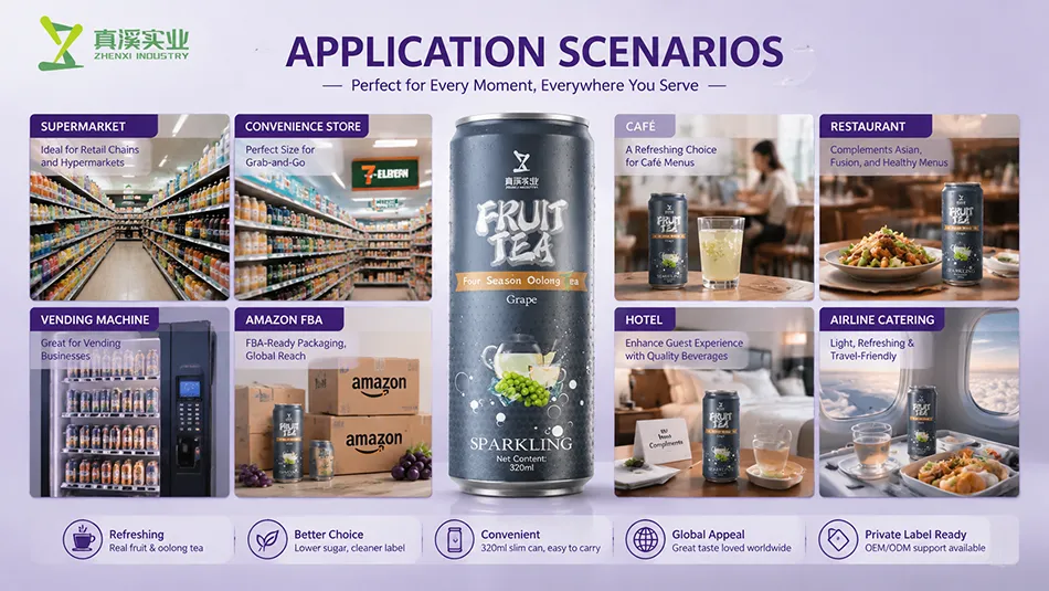 Application scenarios for 320ml grape oolong fruit tea in retail, vending, hospitality and e-commerce