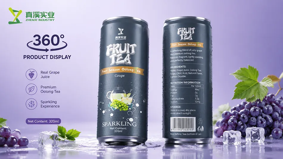 360 degree view of grape oolong fruit tea aluminum beverage can