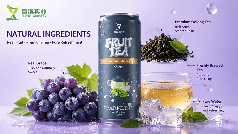 Natural grape and Four Season oolong tea ingredients used in canned fruit tea