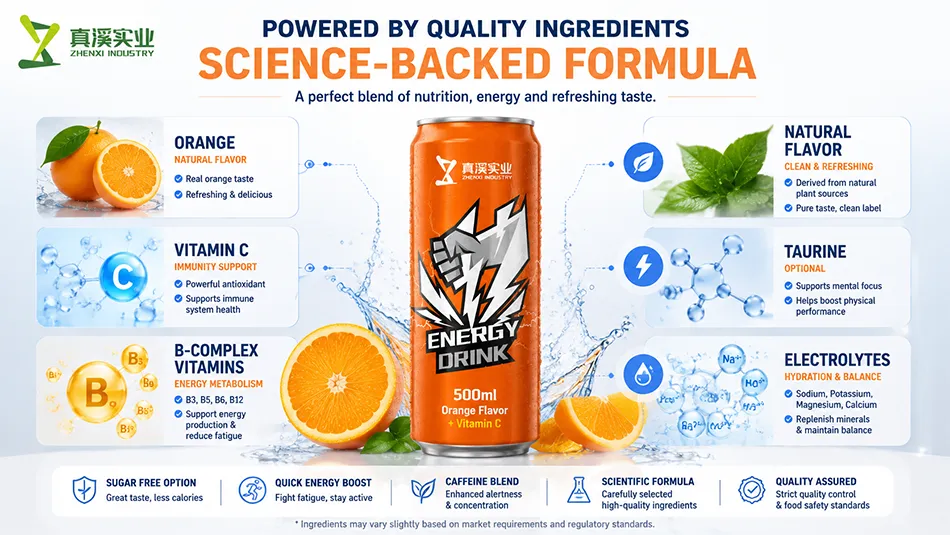 Ingredients of Orange Vitamin C Energy Drink including vitamin C and B vitamins