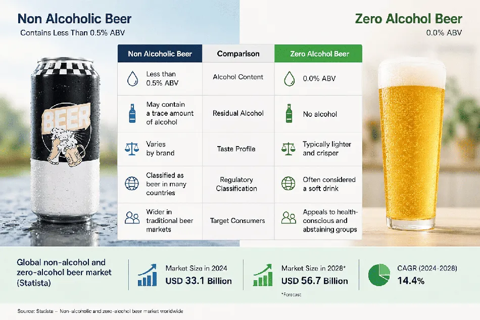 Infographic comparing non alcoholic beer and zero alcohol beer claims for private label canned beer projects