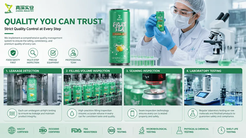 Quality control testing of canned fruit tea including leak detection and sealing inspection in laboratory