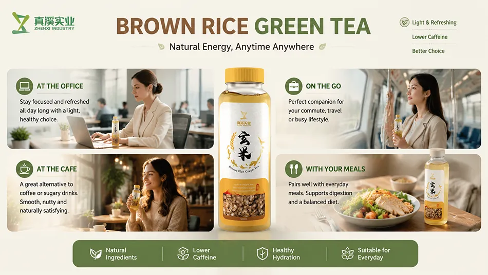 Brown rice green tea genmaicha lifestyle drinking scenarios office commute and café consumption