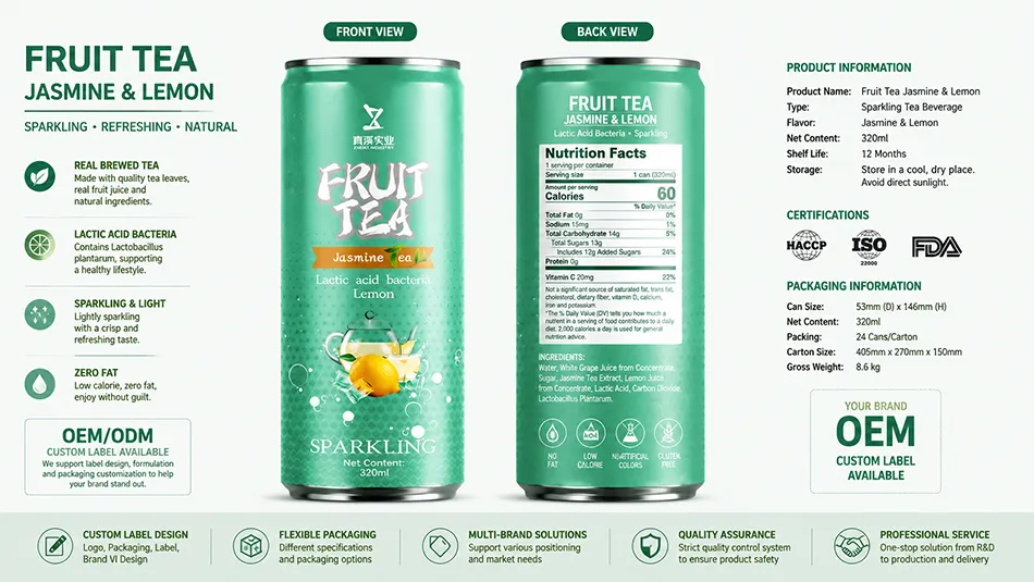 320ml canned fruit tea bottle front and back label design for OEM private label beverage