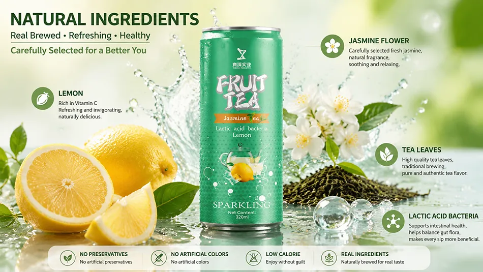 Natural ingredients for canned fruit tea including lemon jasmine tea leaves and botanical extracts