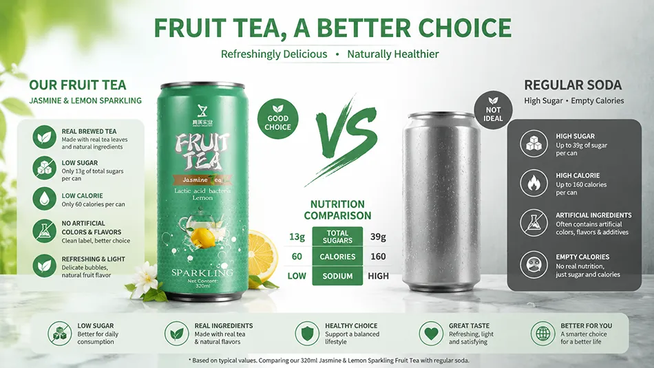 Comparison between canned fruit tea and soda beverage highlighting lower sugar and healthier drink choice