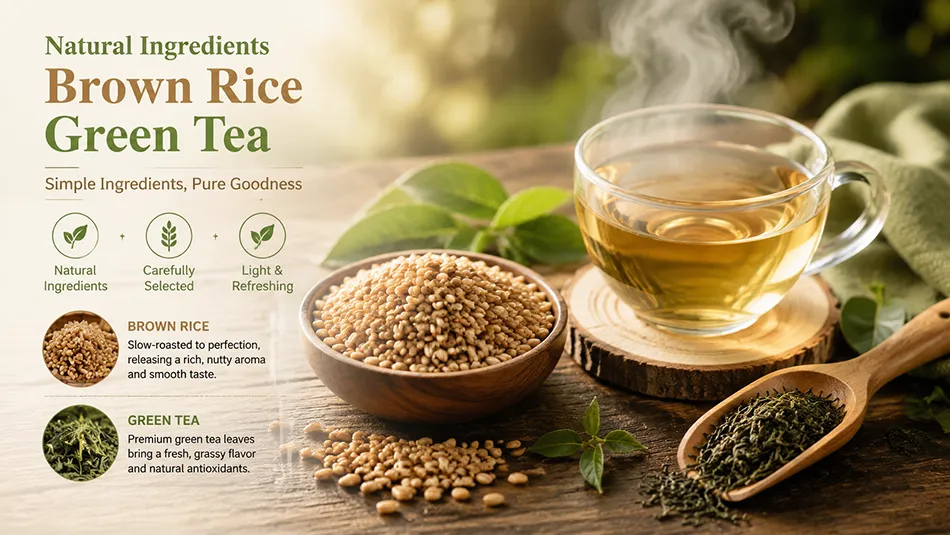Genmaicha brown rice green tea ingredients roasted rice and green tea leaves natural beverage raw materials