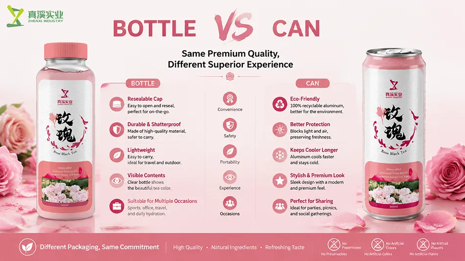 Rose Black Tea bottle versus aluminum can comparison