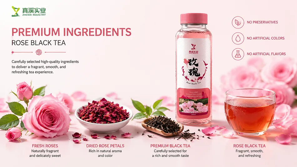Natural rose petals and black tea ingredients for bottled rose black tea
