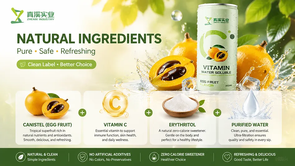 Natural ingredients used in Canistel Flavor Vitamin C Drink including egg fruit and vitamin C
