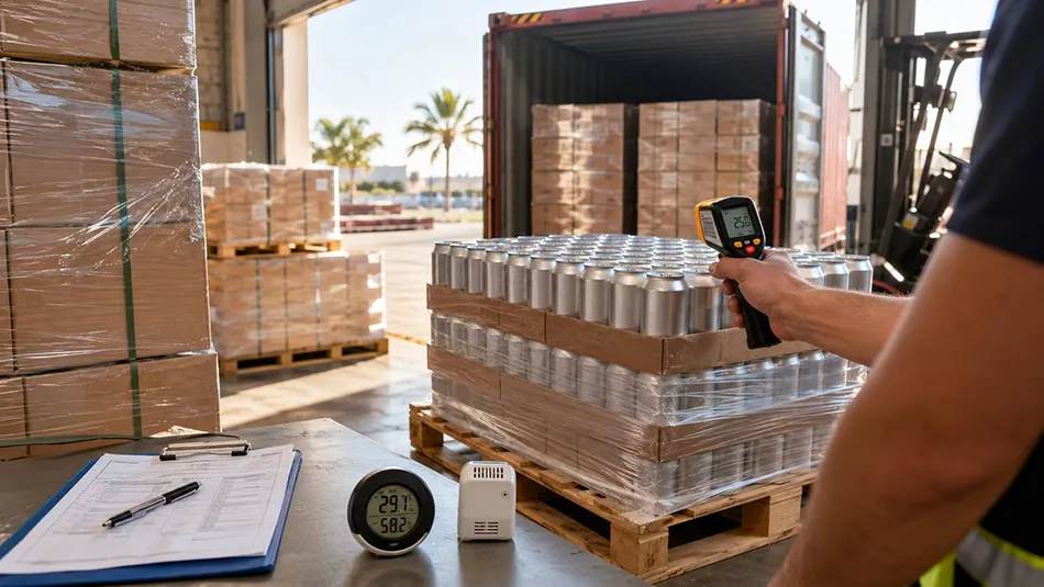 Canned alcohol free beer shipment inspection in a warm warehouse