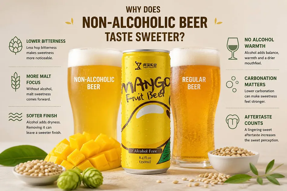 Non alcoholic beer sweetness comparison with mango beer, regular beer, malt, hops, and fruit