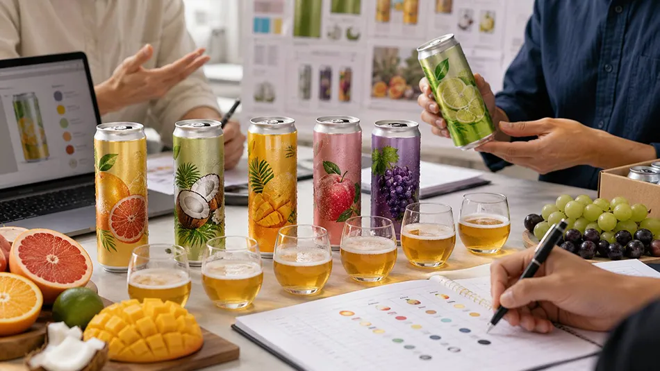 Non alcoholic fruit beer cans sample tasting and ODM flavor evaluation meeting with buyers and packaging development team