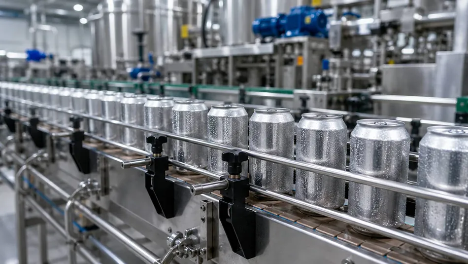 Canned non alcoholic beer filling and sealing line in a beverage production facility
