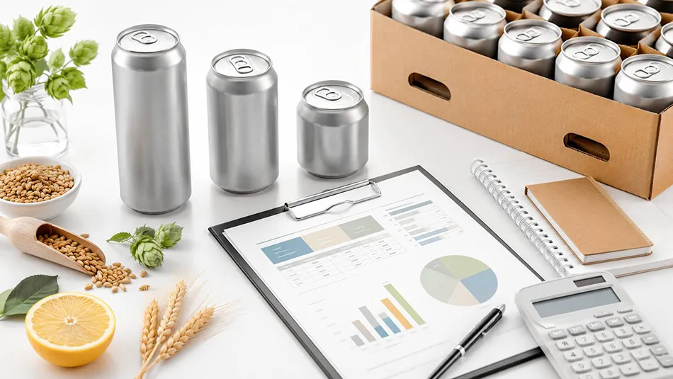 Non alcoholic beer OEM cost planning with can sizes, quote sheet, packaging, hops, barley, and calculator