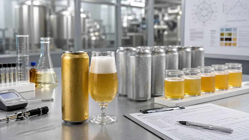 Non alcoholic beer sample testing with aluminum cans and quality control process in a beverage laboratory