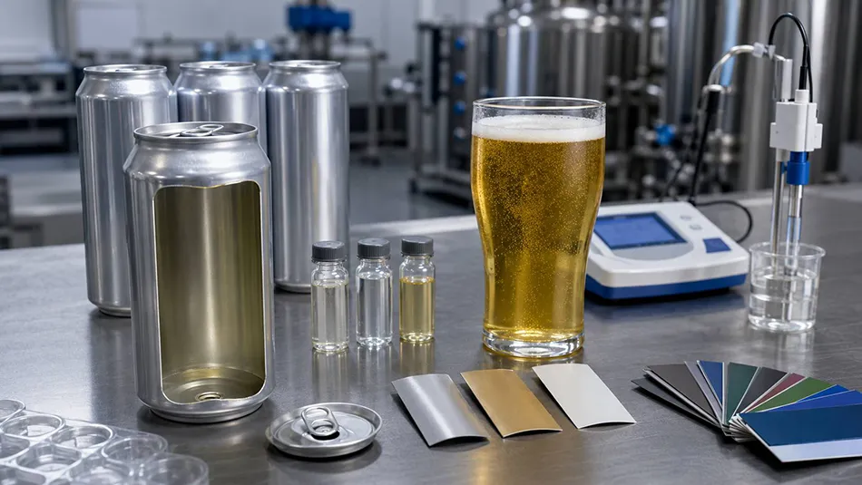 Aluminum can liner compatibility testing for non alcoholic beer packaging in a beverage laboratory