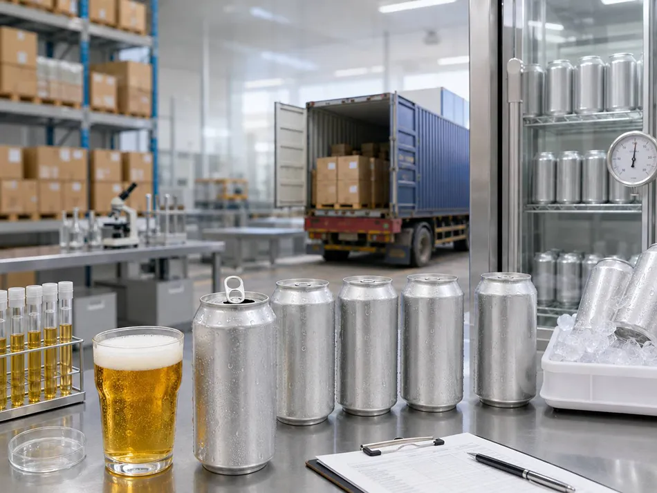 Non-alcoholic beer shelf life validation with aluminum cans, laboratory samples, cold storage, and export packaging.