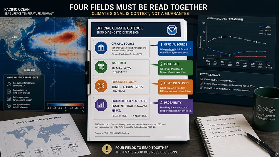 ENSO forecast source, issue date, season and probability review