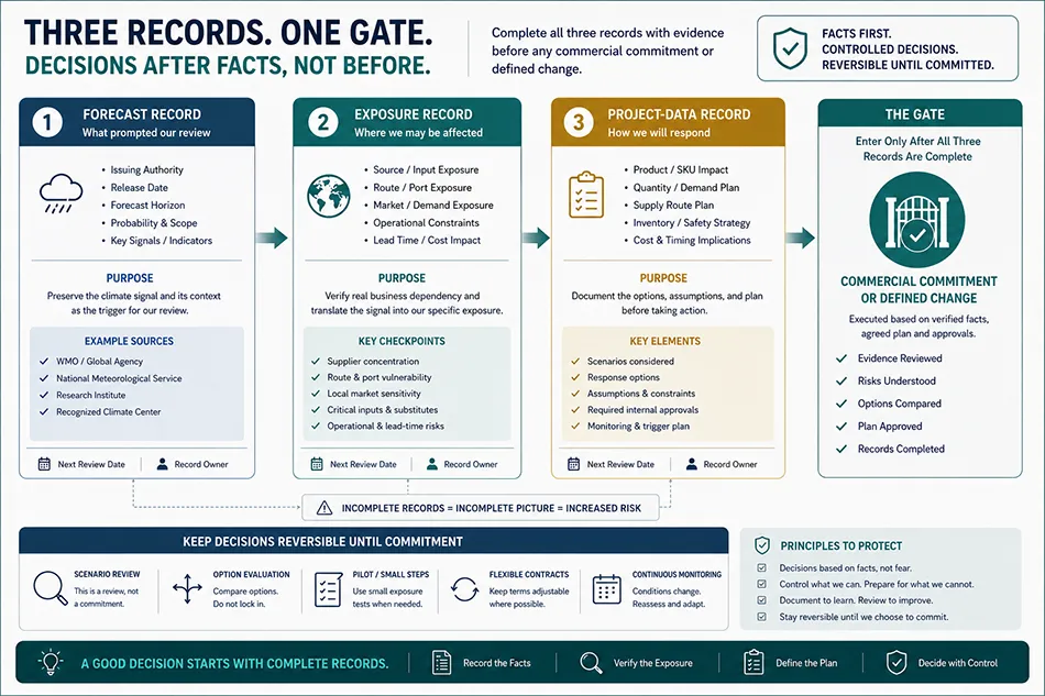 Three-record gate for beverage supply chain commercial commitment