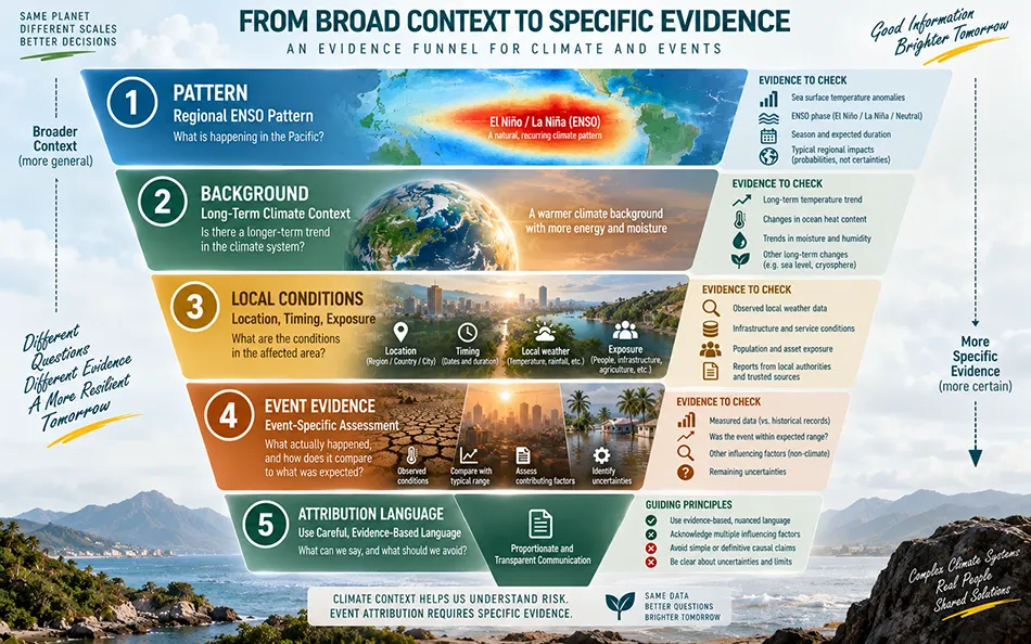 Evidence funnel that narrows from a seasonal pattern and warming background through local conditions to event-specific attribution before allowing causal wording.