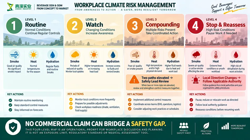 Four-level workplace risk map for smoke, heat and hydration