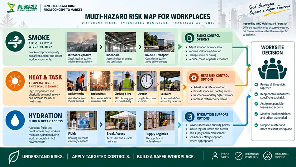 Three exposure paths for wildfire smoke and workplace heat risk