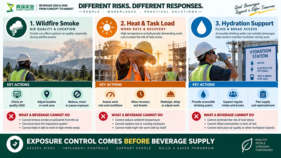 Workplace separation of smoke exposure, heat load and hydration support