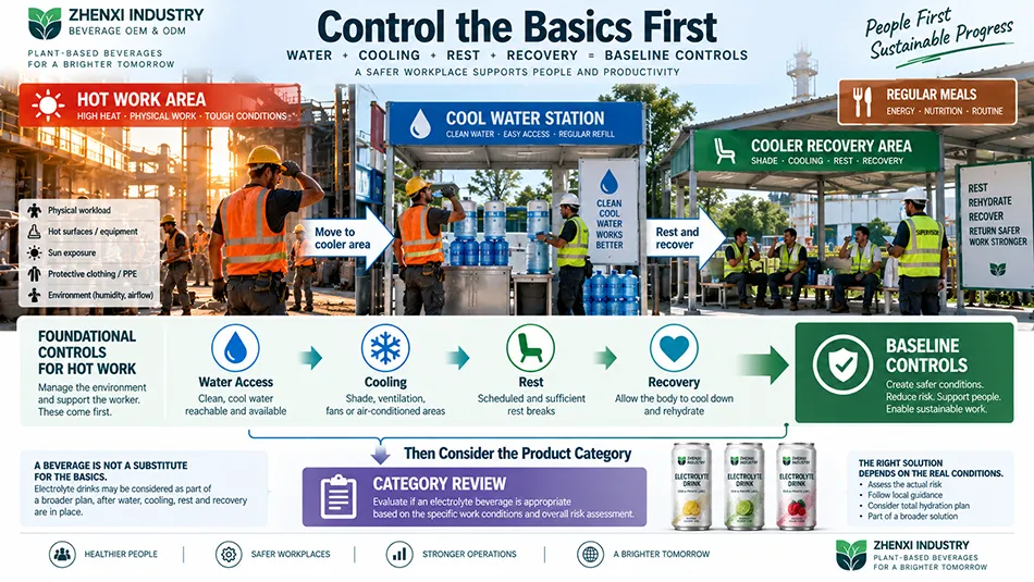 Water access, cooling and recovery controls in a workplace heat plan