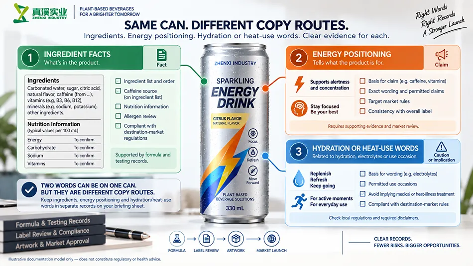 Separate energy and hydration copy routes on an energy drink label