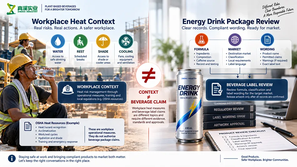 Heat guidance separated from caffeine and hydration beverage labeling