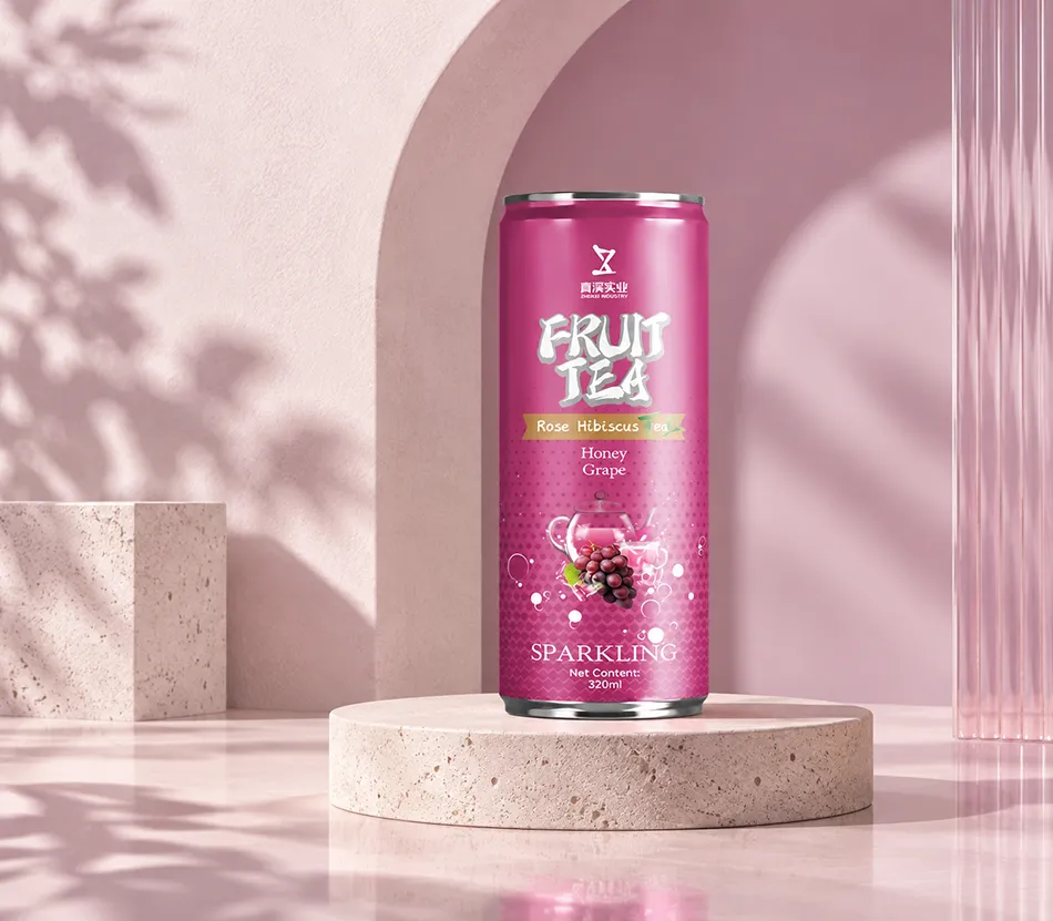 Grape rose and hibiscus sparkling tea can with 320ml net content on a pink stone display.