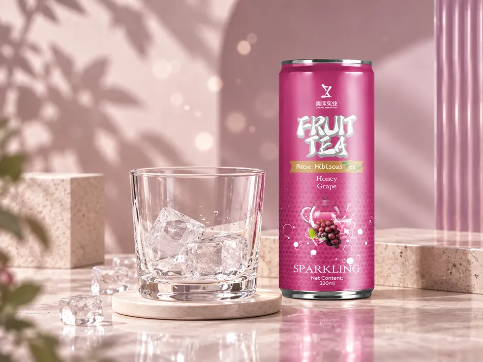 Grape rose and hibiscus sparkling tea can beside a glass with ice in a pink serving scene.
