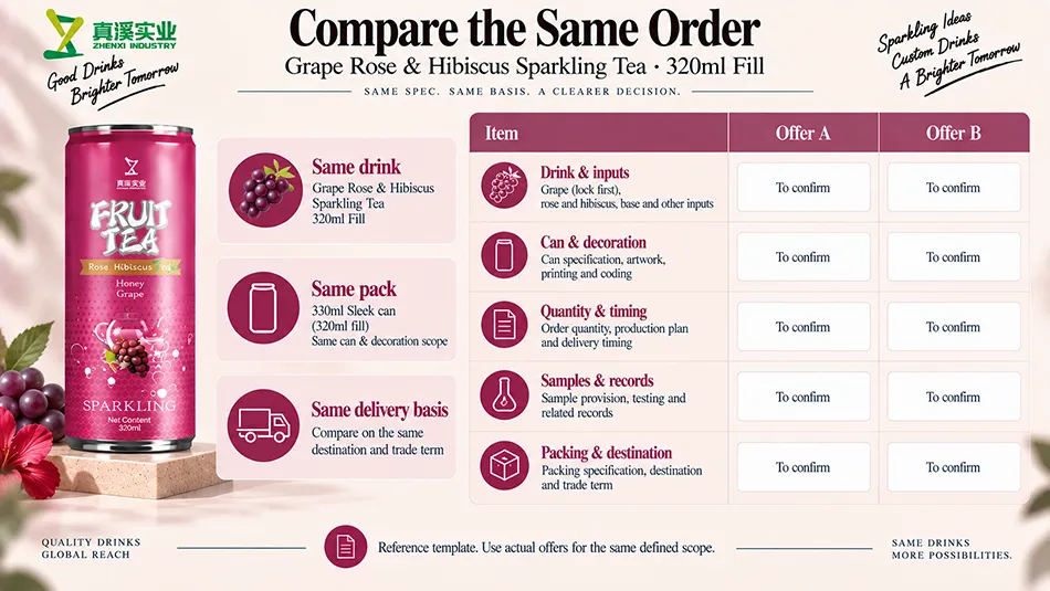 Offer comparison using the same drink, packaging, quantity, records and delivery basis.