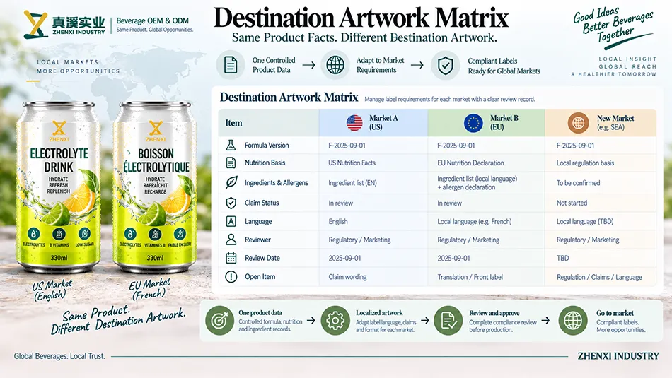 Country-by-country artwork matrix for electrolyte beverage label approval