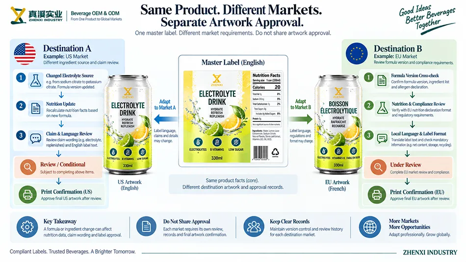 Two-market electrolyte beverage artwork review with separate approval paths