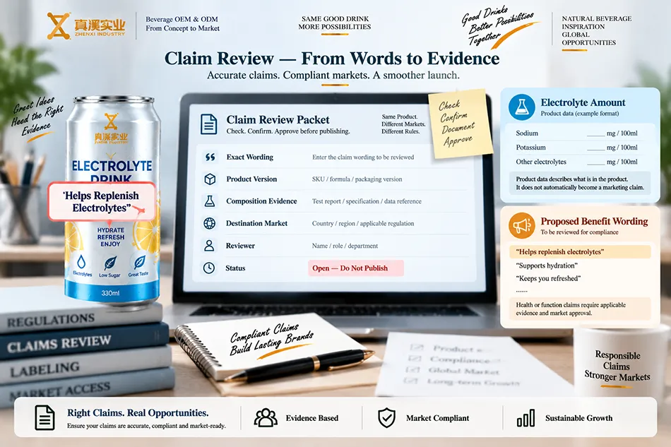 Electrolyte beverage claim review linked to product evidence and destination market