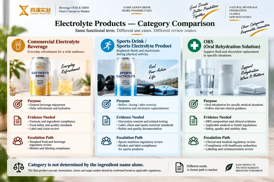 Comparison of intended use, product evidence, and market review for electrolyte product categories