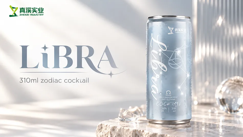 Libra zodiac cocktail can on a pale stone display with silver-grey branding