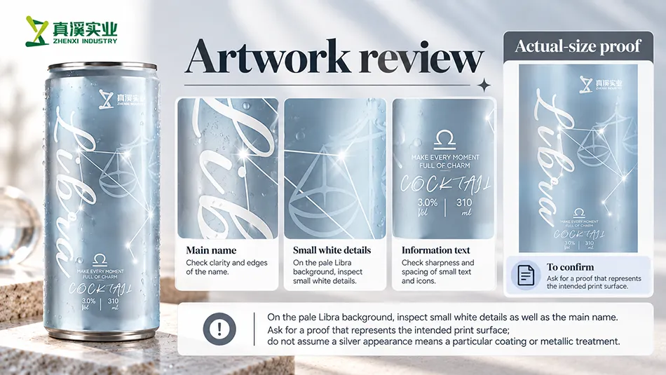 Libra artwork review with main name, small white details, information text and actual-size proof