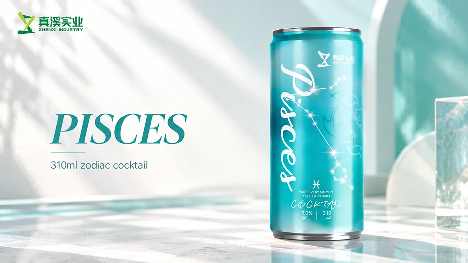 Turquoise Pisces zodiac cocktail can on a light stone display with white Pisces lettering