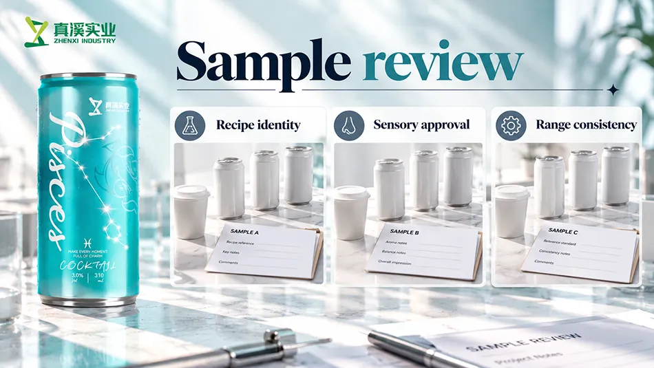 Pisces cocktail sample review covering recipe identity, sensory approval and range consistency