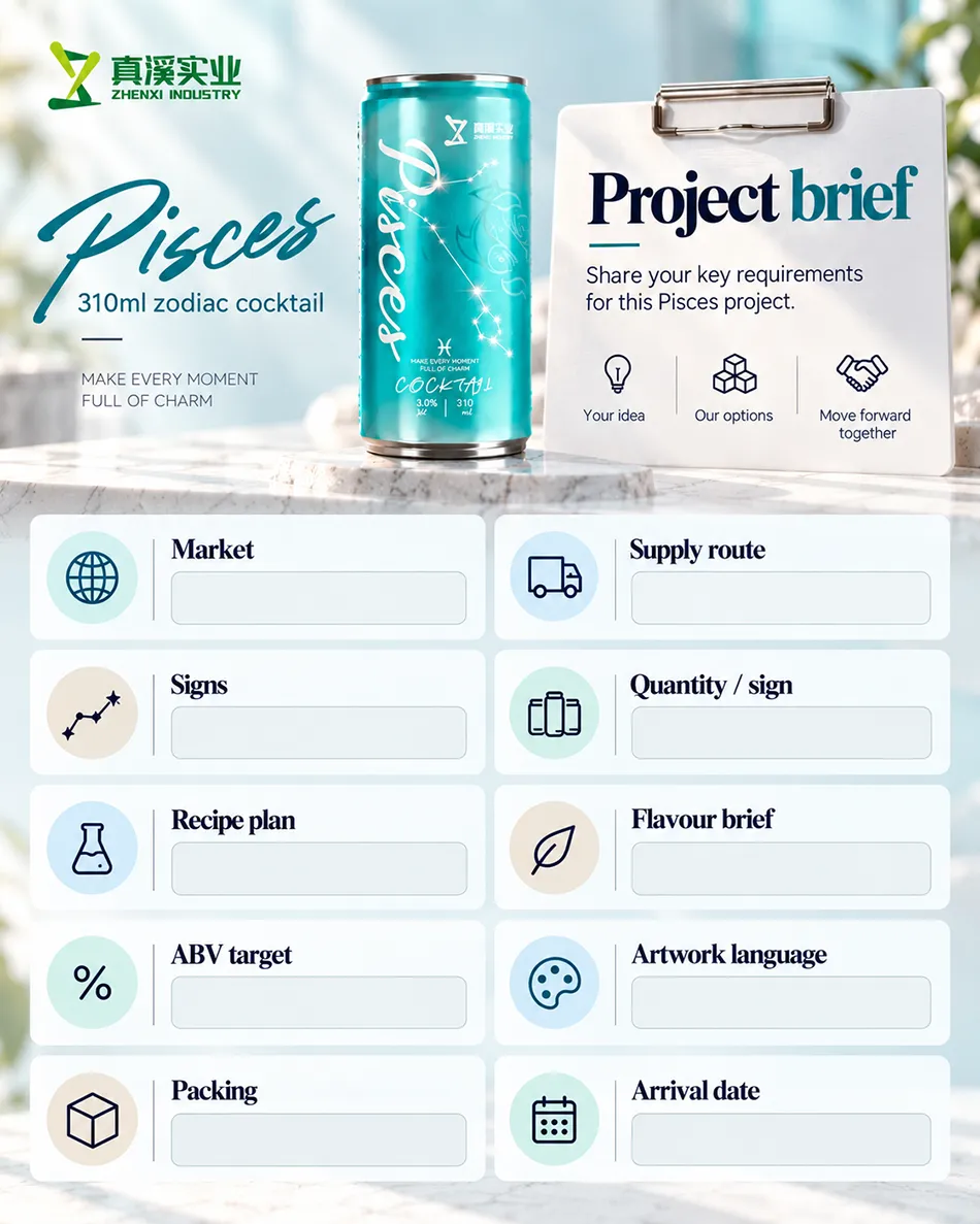 Pisces project brief covering market, supply route, signs, quantity, recipe, flavour, alcohol target, artwork, packing and arrival date